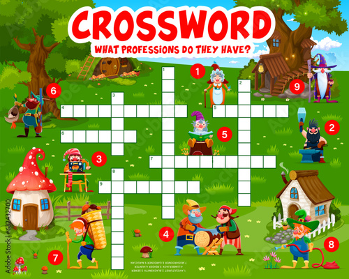 Crossword quiz game. Cartoon fairytale gnomes at village. Vector word search game worksheet with dwarfs aviculturist, blacksmith, sewer or lumberjack, reader, hunter and mushroomer, gardener, magician
