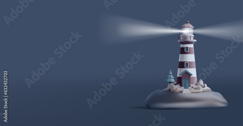 3d render illustration of a lighthouse on an island in the sea at night with beacon shining and navigating the route