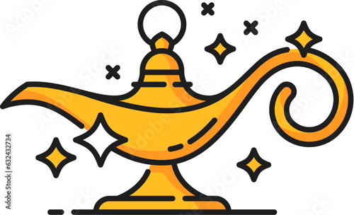 Magic lamp, witchcraft and magic icon. Vector linear enchanting and mystical Aladdin lantern holds untold power and grants wishes. Symbol of possibility and wonder, extraordinary and transformations