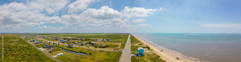 Aerial panorama coastal homes at Port Bolivar Beach Texas Aerial panorama coastal homes at Port Bolivar Beach Texas