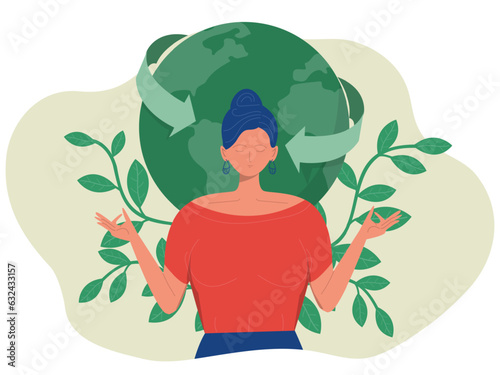 Mother earth day concept.woman with meditating  and protects nature. care of environment and Save World  day flat vector illustration