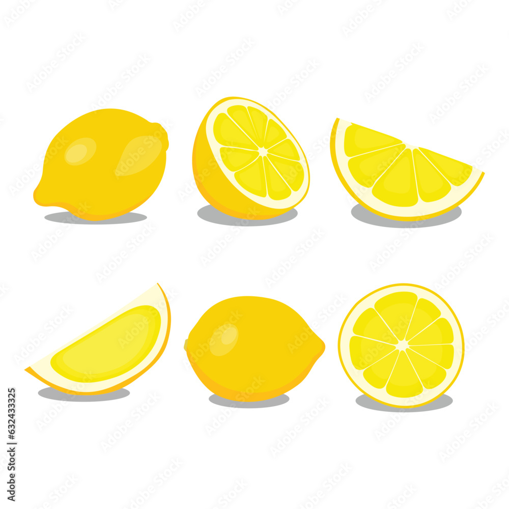 Vector illustration sets of yellow lemon in cartoon style. Lemon fruit with leaves hanging in branch.  Sliced or cut various parts of citrus lemon orange image. Elements for logo, icon, clipart etc.