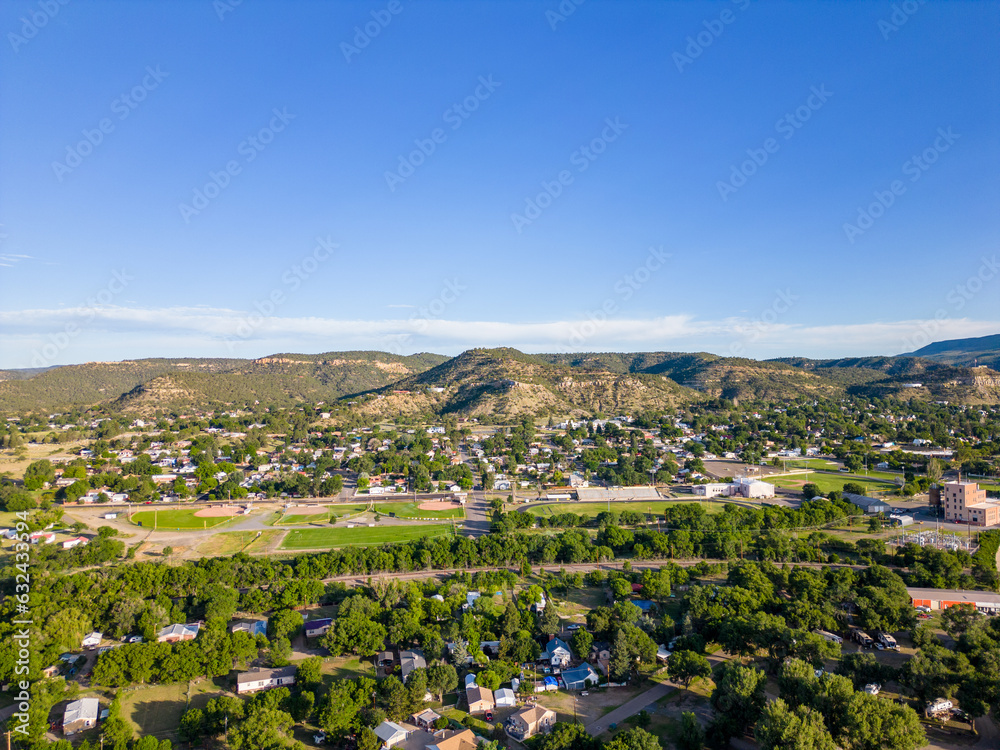 Aerial photo Raton New Mexico with mountains in background