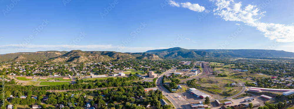 Aerial panoramic photo Raton New Mexico view of Sugarite Canyon State Park summer 2023