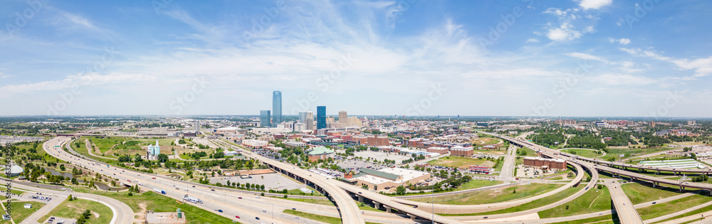 Aerial panorama highways to Oklahoma City OK circa 2023 Aerial panorama highways to Oklahoma City OK circa 2023
