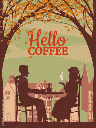Hello Coffee street cafe, couple at the table, fall mood