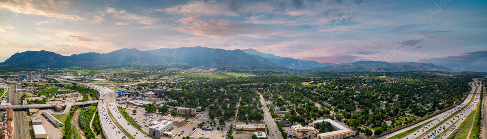 Naklejka premium Aerial drone panorama Colorado Springs CO USA circa 2023