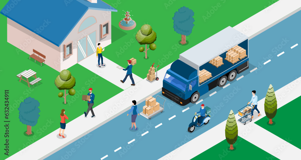 Delivery car truck with order parcel package on smartphone application, vector illustration