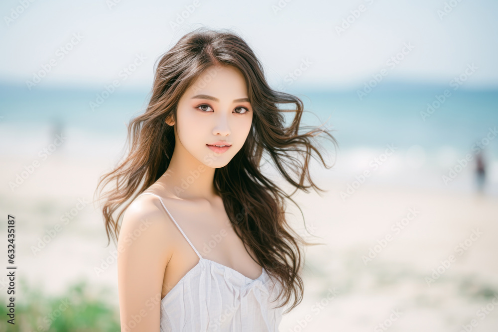 Beautiful Japanese woman standing on a refreshing beach