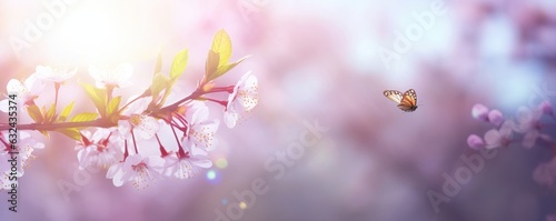 Spring Flowers and Fly Butterfly Cherry Tree Blossoms On With Defocused Sunlight Background- The Easter Nature Design with copy space, Generative AI © Colorful Graphics