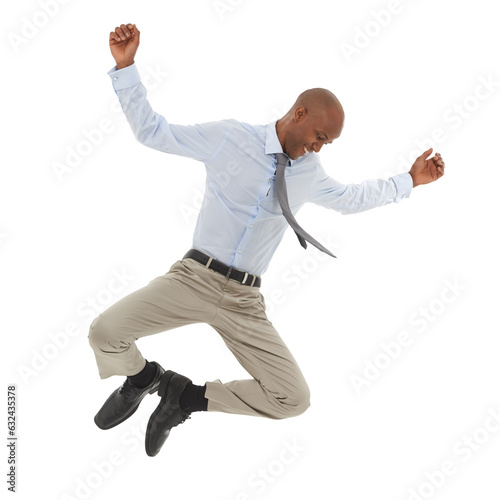 Celebrate, jump and a business man with success isolated on a transparent, png background. Professional African person excited for win, achievement and corporate career promotion, victory or bonus