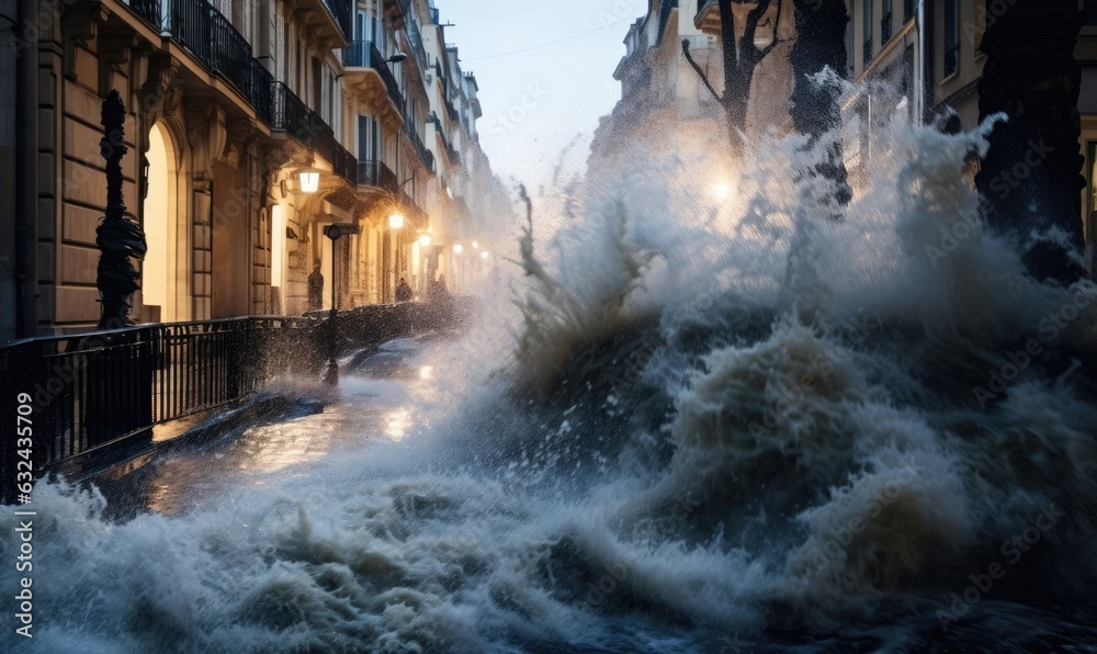 Photo of a massive wave engulfing a city street