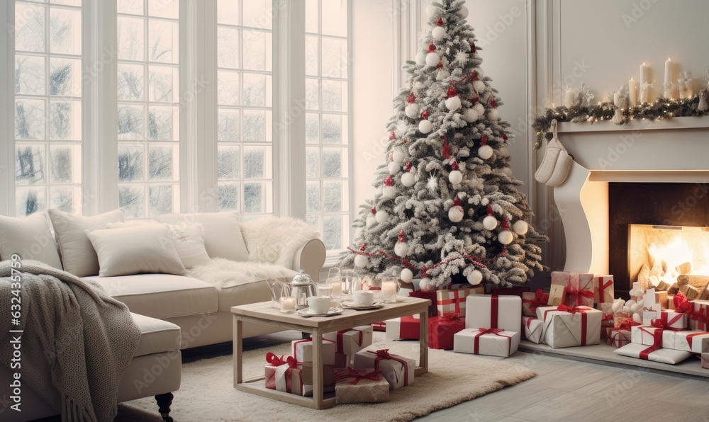 Photo of a cozy living room decorated for Christmas with a beautiful tree and comfortable furniture