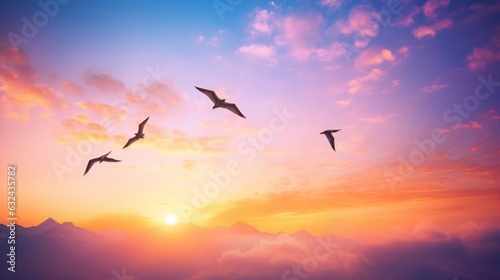 abstract beautiful peaceful spring morning sky background sunrise new day and flying flock of birds  Generative AI