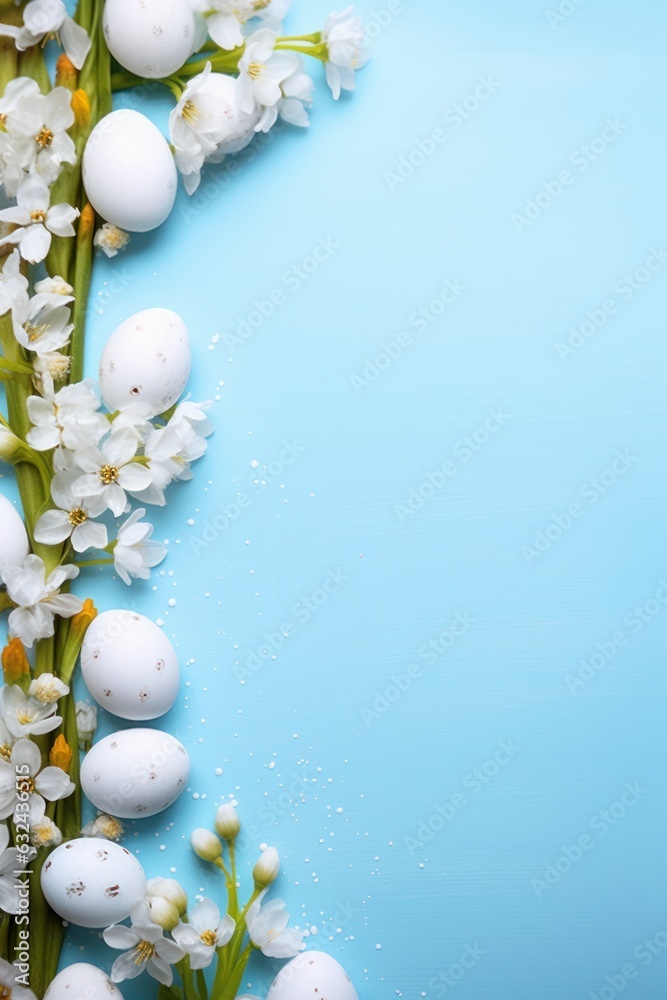 Easter eggs and Spring flower border on blue background white spring blossom border copy space, Generative AI