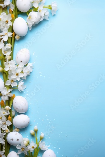 Easter eggs and Spring flower border on blue background white spring blossom border copy space, Generative AI
