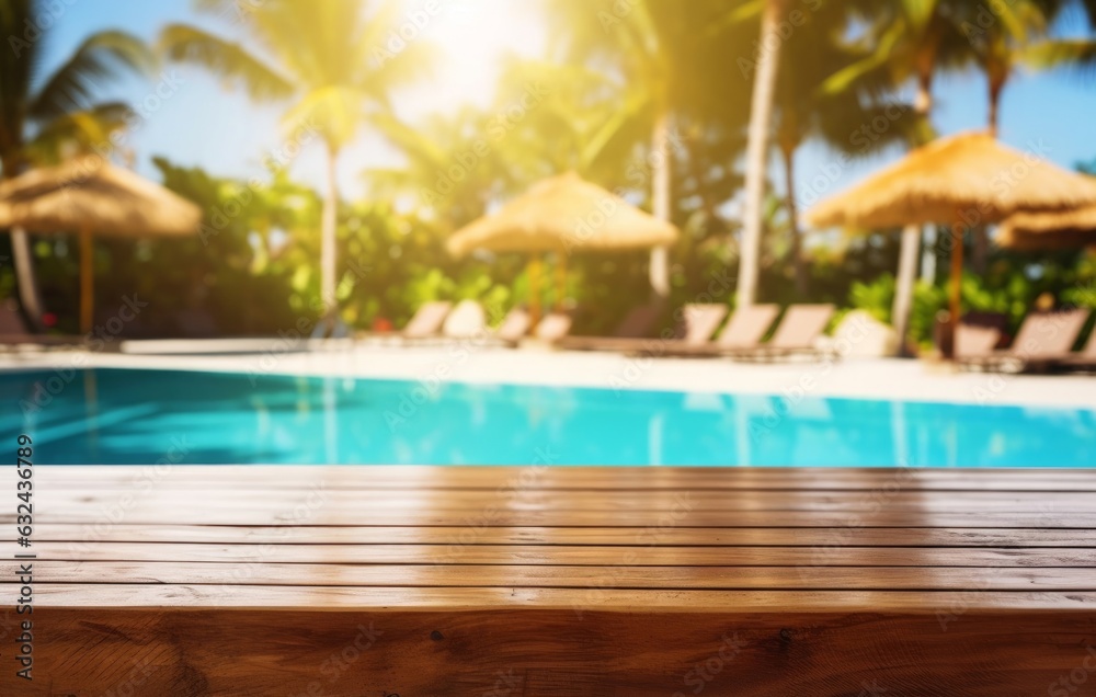 Art Empty wooden table on sunny blurred tropical pool  background. Outdoor party mockup for design and product display, Generative AI