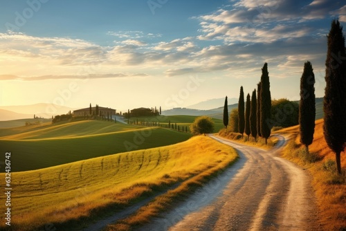 italy tuscany countryside rolling hills summer farmland and country road, Generative AI