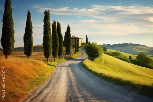 italy tuscany countryside rolling hills summer farmland and country road, Generative AI