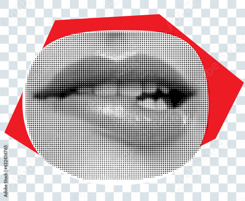 Woman lips biting the lower lip as retro halftone collage cutouts for mixed media design.