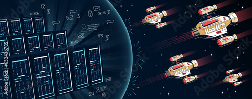 A cloud of servers under a protective dome, during a hacking attack depicted as alien spaceships emitting beams of malicious code. Network security of data. Vector illustration in comic style.