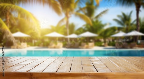 Art Empty wooden table on sunny blurred tropical pool background. Outdoor party mockup for design and product display, Generative AI