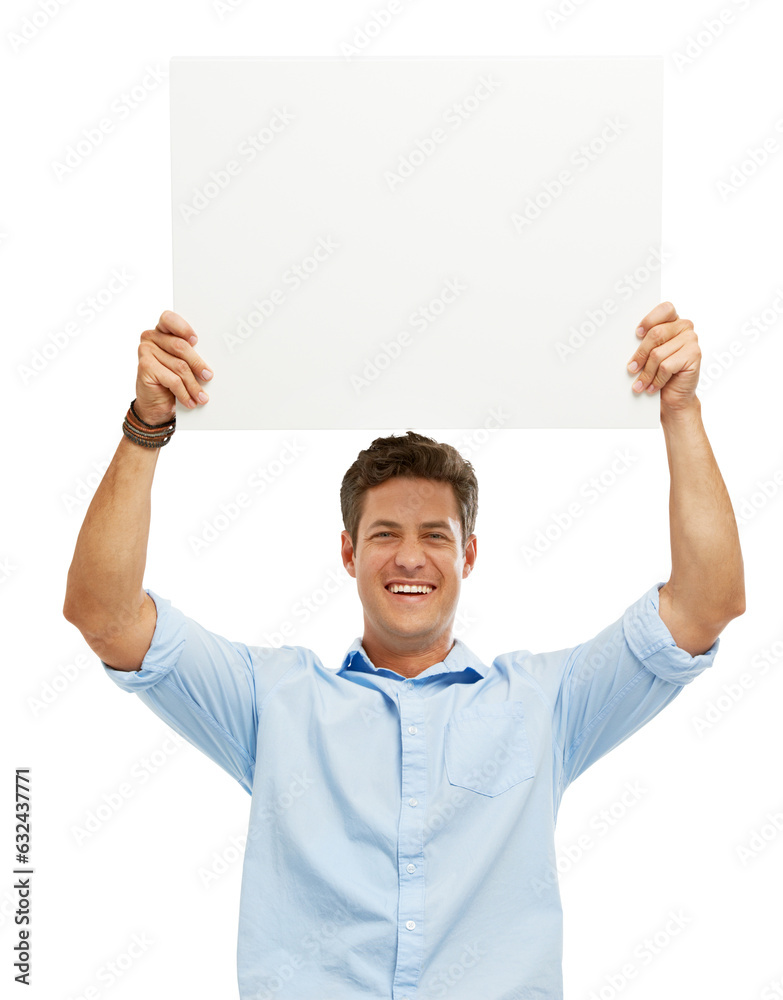 Poster, portrait and man with a sign for mockup, information or announcement on transparent, isolated or png background. Billboard, advertising or businessman with banner or marketing promotion