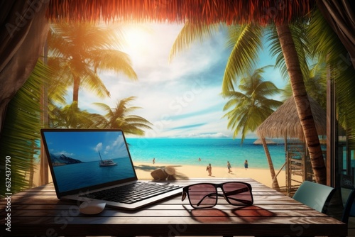 art concept Enjoy remote work in a dream office on a sandy shore of a tropical sea in the shade of palm trees  Generative AI