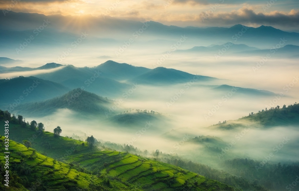 Fototapeta premium Beautiful landscape of rice terraces at sunrise in the morning. 