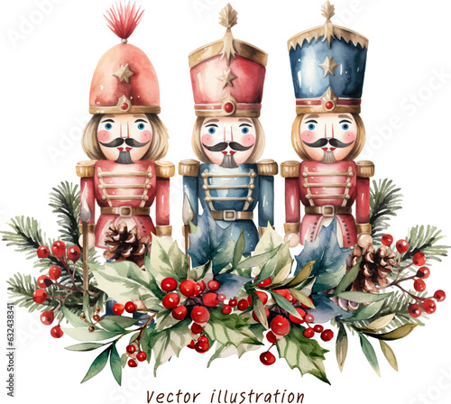 Photo nutcracker with christmas wreath decoration watercolor ornament vector illustrat