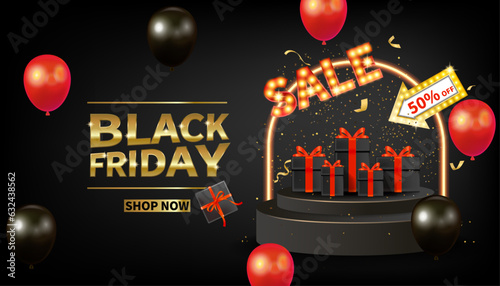 Modern black friday sale stand, background, poster, banner for business sale with balloons and gifts