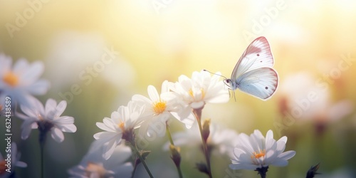 Beautiful Butterfly on a delicate white spring flower in spring in the rays of transparent sunlight of the morning sun, soft focus macro. Beautiful background of Easter spring, Generative AI