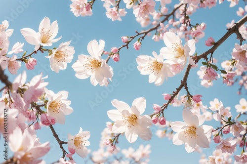 Cherry blossom in spring time with blue sky and white clouds