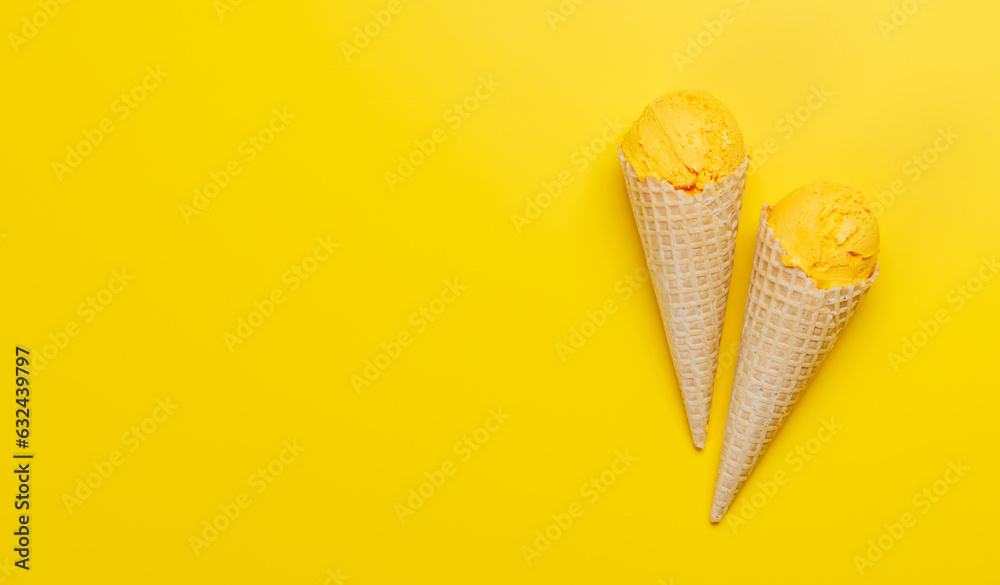 Lemon ice cream in delightful waffle cones Lemon ice cream in delightful waffle cones