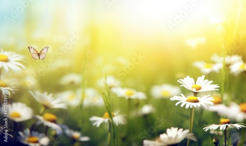 art Beautiful field meadow flowers chamomile. flying butterfly in morning sunny meadow, nature landscape, Wide format Banner, copy space, Generative AI