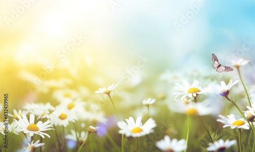 art Beautiful field meadow flowers chamomile. flying butterfly in morning sunny meadow, nature landscape, Wide format Banner, copy space, Generative AI