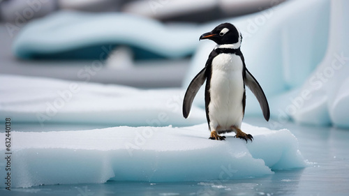 a penguin standing on an iceberg in the snow with a penguin watching from the top of it s head