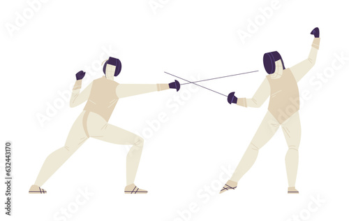 Fencing with foils fighting scene flat vector illustration isolated on white.