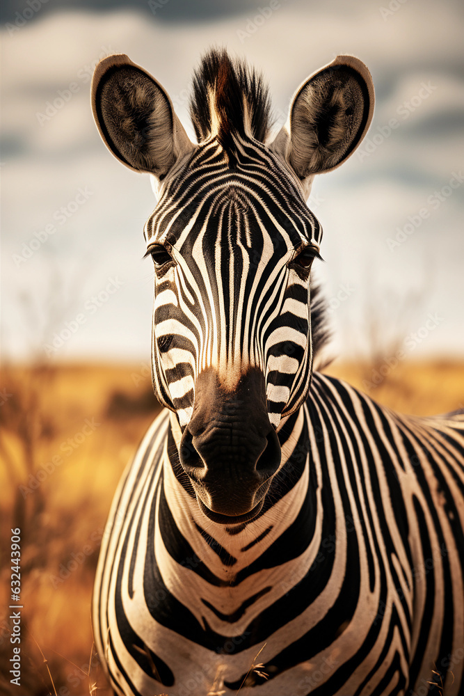 Naklejka premium Zebra Plains Zebra in the Savannah Showing its Stripes. Majestic Portrait. Wildlife Animal. Generative ai