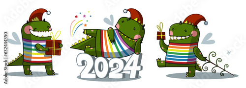 
winter set of cute green dragons. 