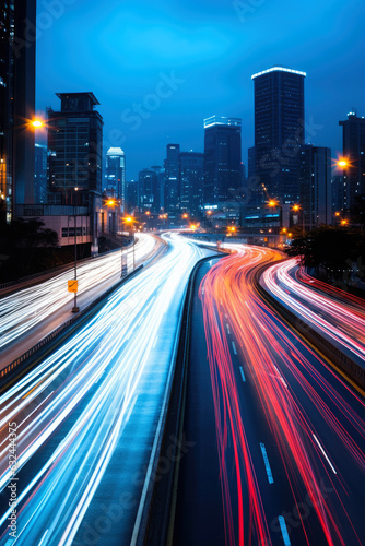 The motion blur of a busy urban highway during the evening rush hour. The city skyline serves as the background, illuminated by a sea of headlights and taillights. Generative AI