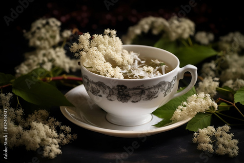 Cup of Elderberry tea with flowers. 