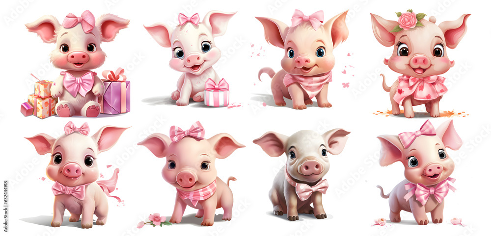 set of watercolor cute pigs Illustration on isolated Background PNG, generated ai