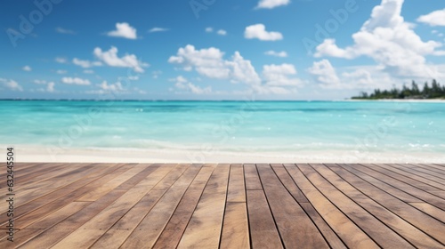 Empty wooden table with a summer sea and palms