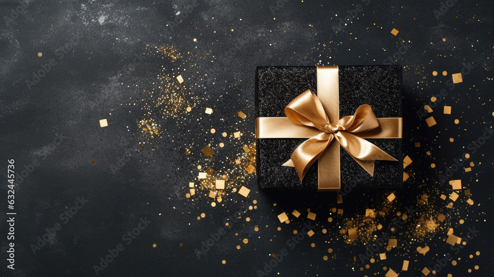 Black gift box with golden ribbon and copy space. AI - obrazy, fototapety, plakaty 