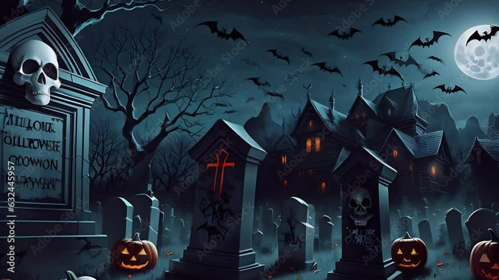 Halloween party background with scary headstone with skull on graveyard. Halloween jack-o'-lanterns, tombstones and fly bats in night sky. AI generated video for music visualization.