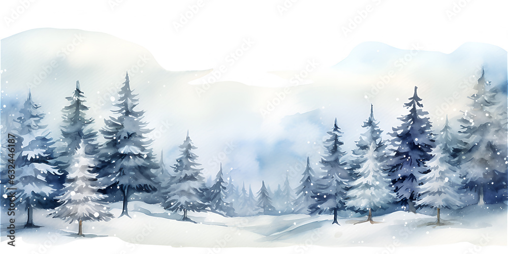 Blue watercolor illustration of winter wonderland forest with trees and snow, ai generated