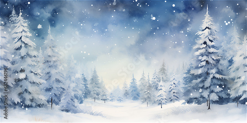 Blue watercolor illustration of winter wonderland forest with trees and snow, ai generated © TatjanaMeininger