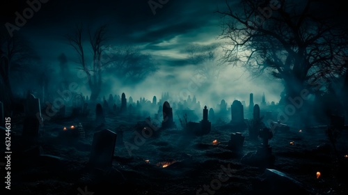 Eerie fog creeping over a moonlit graveyard, setting the stage for a haunting Halloween concept.
