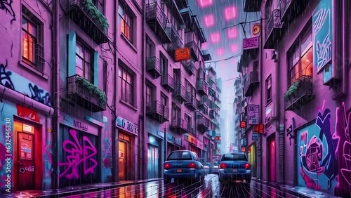 Rainy cityscape, with bright neon lights reflecting off the wet streets life in vintage anime style. Road traffic, people walking on street. Image transformations and metamorphose. AI generated video